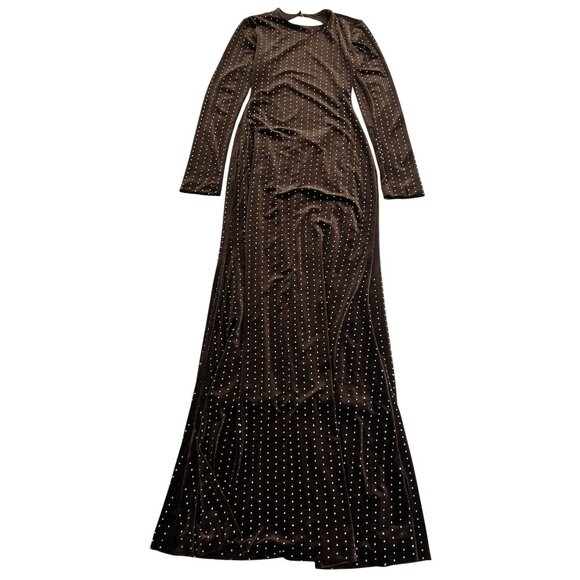 Delfi Collective Sophia Rhinestone Long Sleeve Maxi Dress in Brown